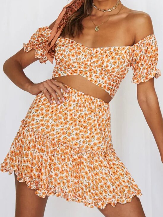 Indikah Other - ST70. Women's Floral Off-The-Shoulder Crop‎ Top and Mini Skirt Set